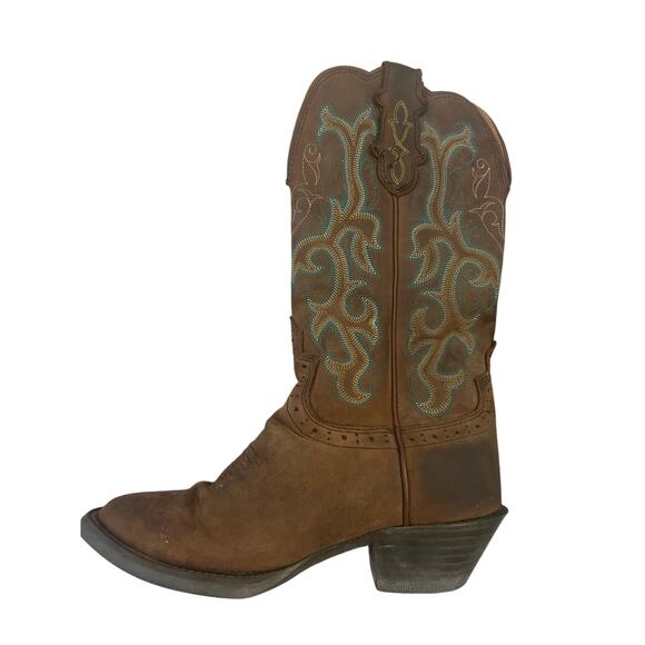 Justin Teal and Brown Square Toe Cowboy Boots - Picture 5 of 8